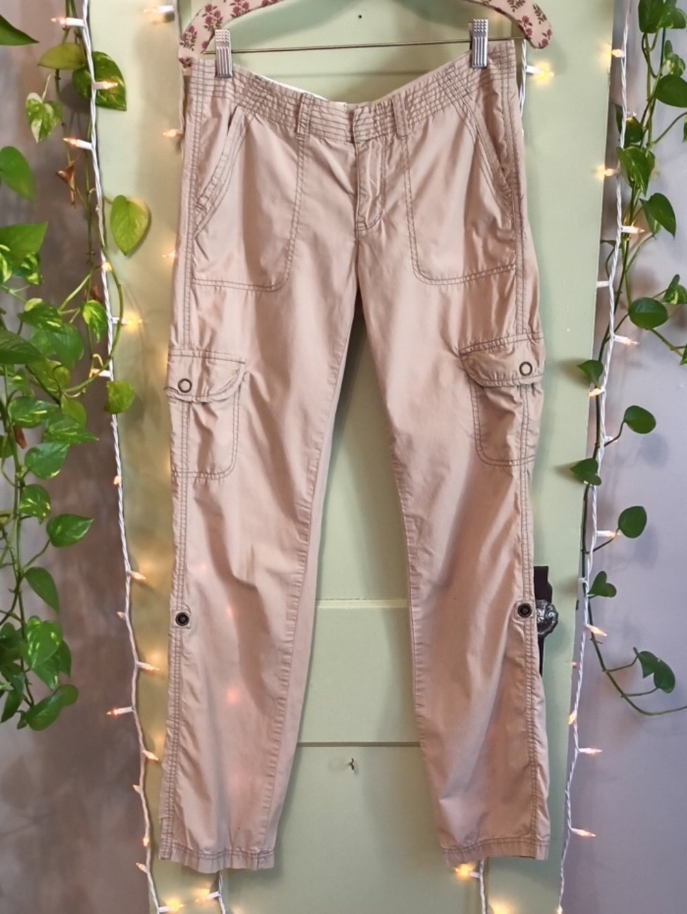 Women's Converse One Star Tan Khaki Cargo Button Up Capri Straight Leg Pants 2